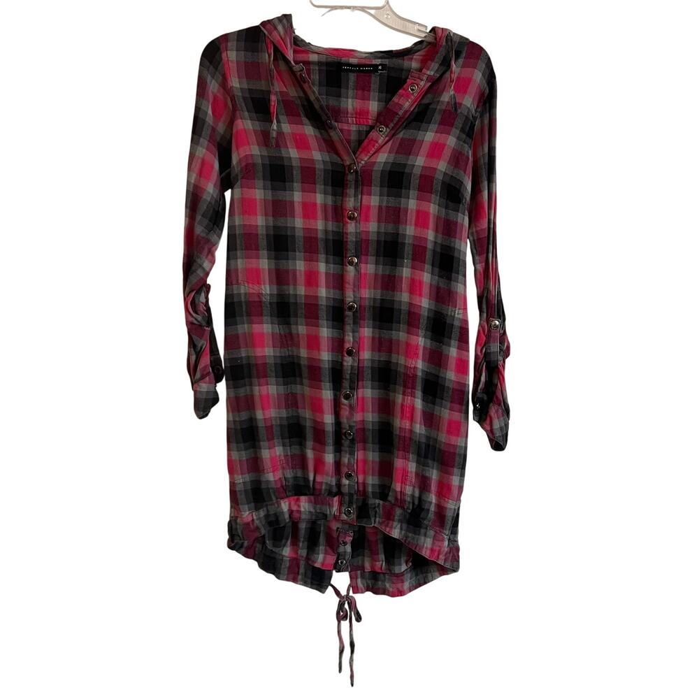 Seppala Woman Snap Button Down Hooded Tunic‎ Dress/Top Size 36 Pink Gray Plaid